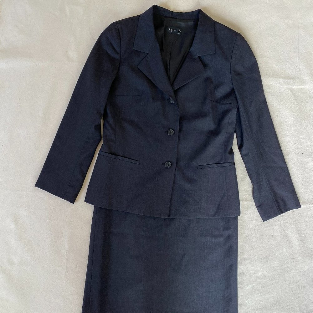 Agnes B Vintage Women's Black Wool Jacket and Skirt Tailored Suit, Size 38